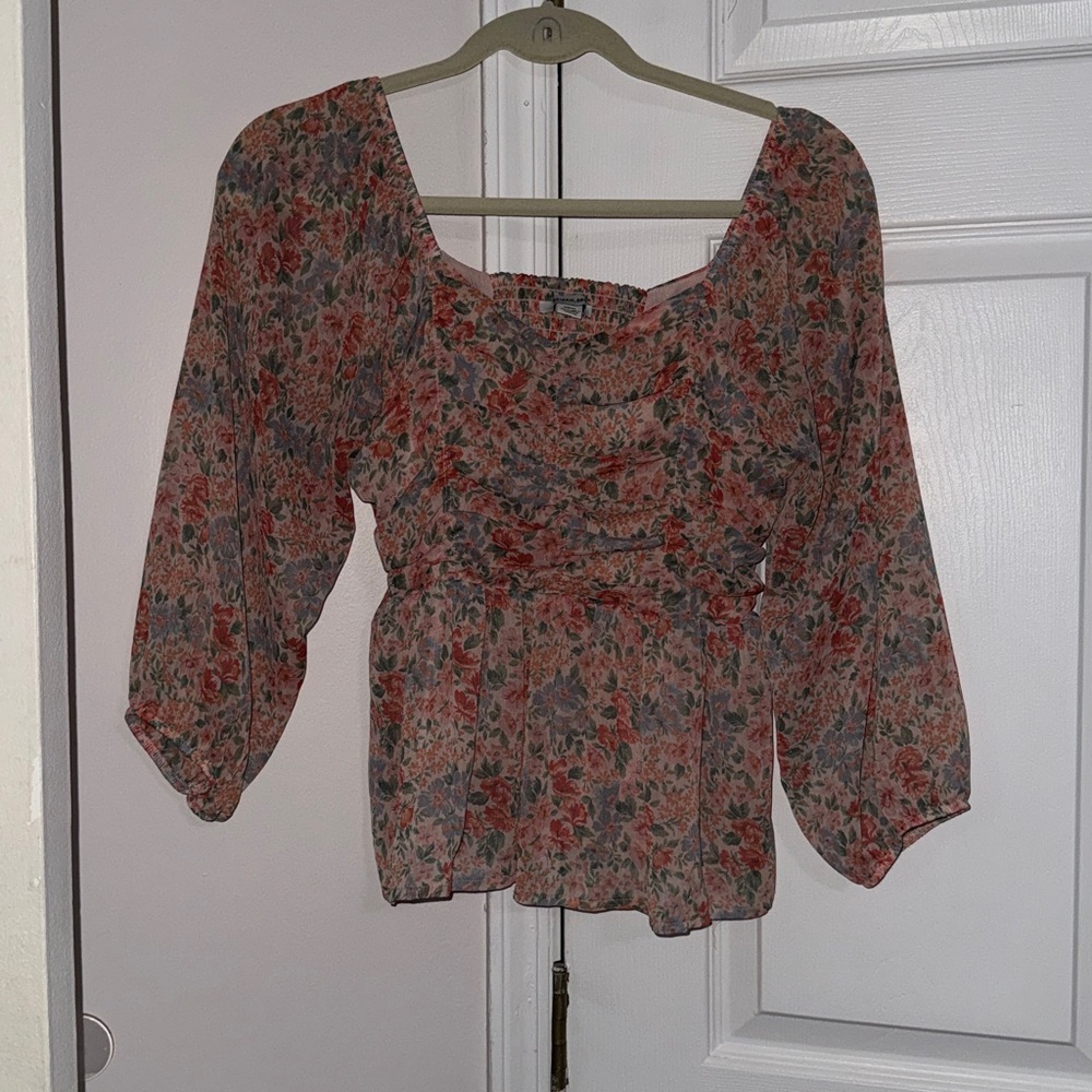 American Eagle Floral Blouse - Red and Blue